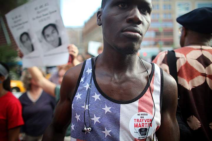 Supporter Sam Saylee marches at a rally honoring Trayvon Martin at Union Square in Manhattan on July 14, 2013 in New York City. (Getty Images)