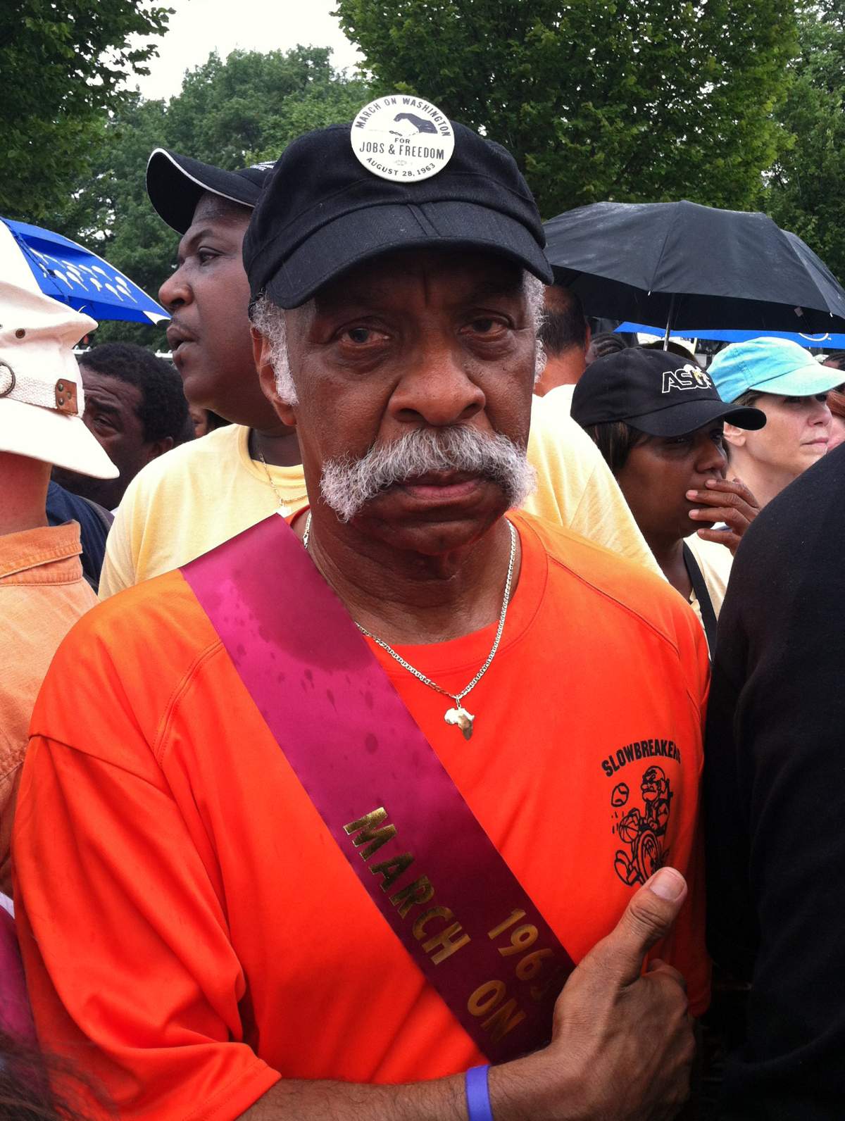 Leo Boughjon, 70, from Chicago, Illinois, poses for the photographer August 28, 2013 on the Mall in Washington, DC. Boughjon, who participated in the August 28, 1963 March on Washington, came to the nation’s capital to attend the Let Freedom Ring Commemoration and Call to Action on the 50th anniversary of the March on Washington.