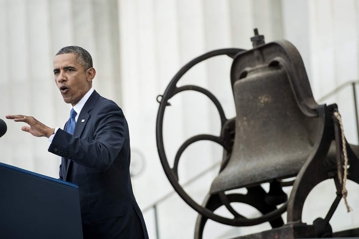US President Barack Obama speaks at the Lincoln Memorial on the National Mall August 28, 2013 in Washington, DC.