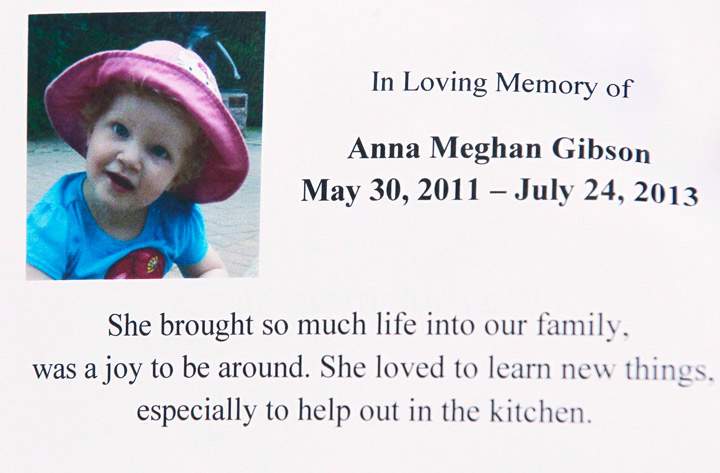A photo from the Gibson memorial service program of Anna Gibson is shown at a memorial service for Lisa Gibson and her children Anna and Nicholas in Stonewall, Man., Thursday, August 1, 2013. (Photo credit: AP)