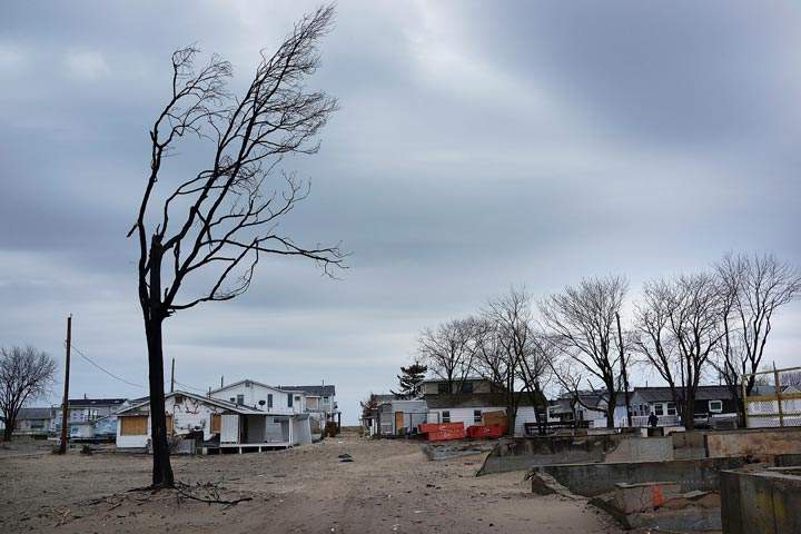 A charred tree is viewed in front of burned and damaged homes in Breezy Point, which was heavily damaged in Hurricane Sandy on April 29, 2013 in the Queens borough of New York City. Six months to the day after the devastating storm ravaged parts of New Jersey, New York and Connecticut, many communities are still struggling. The superstorm killed dozens and destroyed thousands of homes and businesses. Spencer Platt/Getty Images