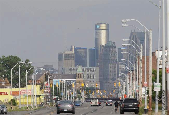 This July 18, 2013, shows the Detroit skyline from Grand River in Detroit. Monday, Aug. 19, 2013, is the deadline for a host of banks, bond insurers, two employee pension systems and others standing to lose big if a federal judge declares Detroit insolvent to legally file their objections to the largest municipal bankruptcy in U.S. history. (AP Photo/Carlos Osorio, File).