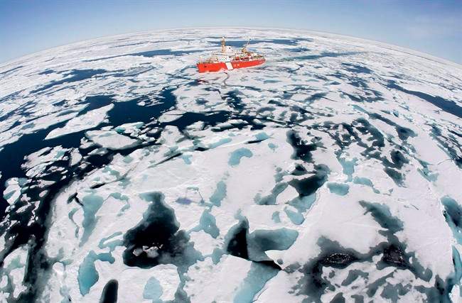 The Canadian Coast Guard icebreaker Louis S. St-Laurent makes its way through the ice in Baffin Bay.