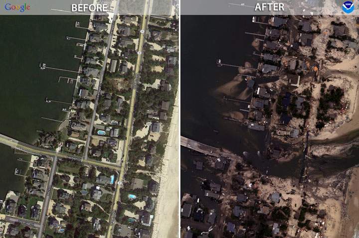 Before Superstorm Sandy and after. These satellite images of the Mantoloking, New Jersey shoreline illustrate the severe damage that affected much of New York and New Jersey in 2012.