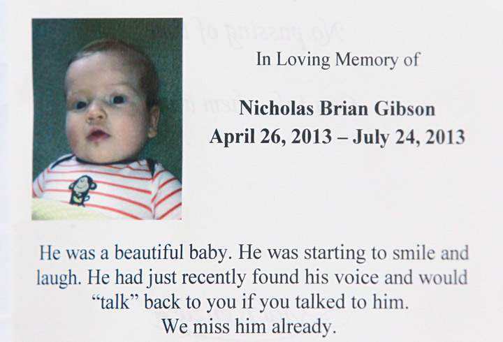 A photo from the Gibson memorial service program of Nicholas Gibson is shown at a memorial service for Lisa Gibson and her children Anna and Nicholas in Stonewall, Man., Thursday, August 1, 2013. (Photo credit: AP)