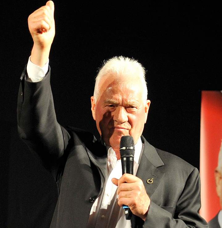 Austrian-Canadian businessman Frank Stronach of his party Team Stronach delivers a speech during the final election campaign in Vienna, Austria, Friday, Sept. 27, 2013. About 6,4 million Austrians are called on to vote for a new parliament on Sunday. 