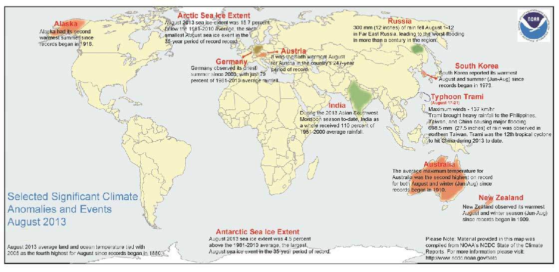 August 2013 Selected Climate Anomalies and Events Map (NOAA)