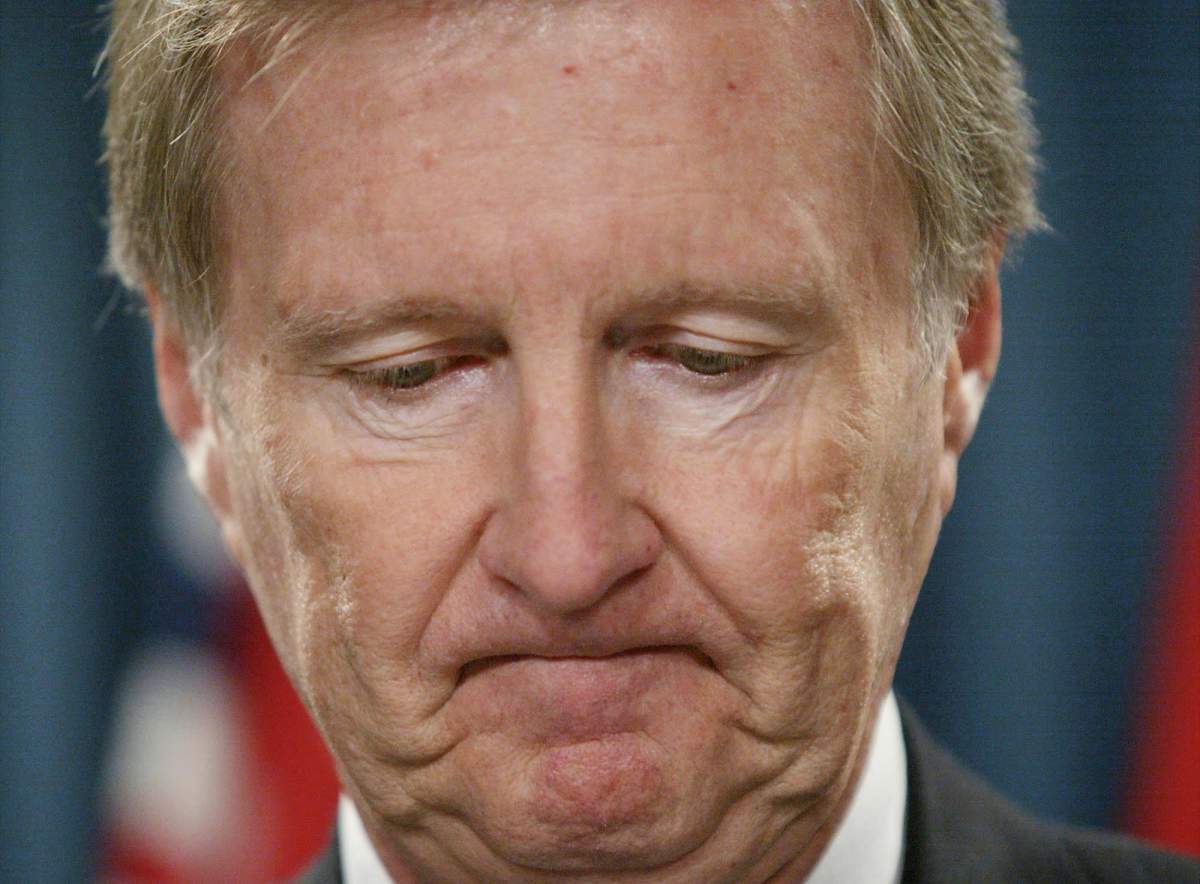 Conservative Sen. Bob Runciman, former Ontario Minister of Public Safety and Security Bob Runciman frowns during a news conference on Parliament Hill , January 3, 2003, in Ottawa. 