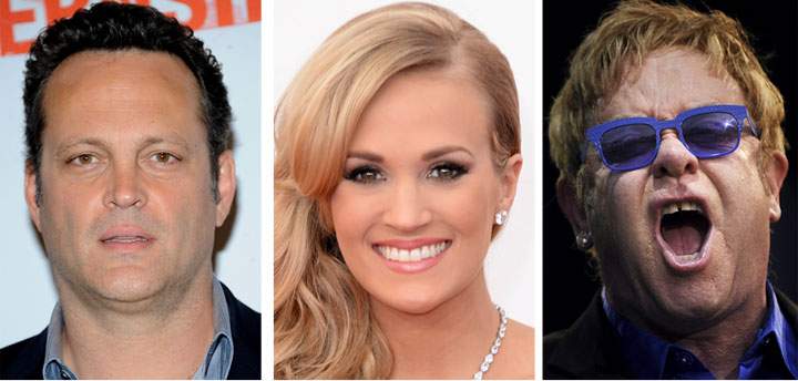 Vince Vaughn, Carrie Underwood and Elton John are three stars who are in relationships with Canadians. 