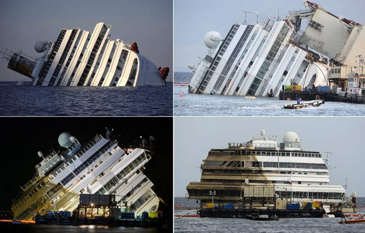 This combination made on September 17, 2013 shows four photos of the Costa Concordia, after the cruise ship ran aground and keeled over off the Isola del Giglio taken on January 14, 2012 (TopL), beginning to emerge during the salvage operation on September 16, 2013 (TopR) and (BottomL) and after he was turned upright (BottomR) on September 17, 2013.