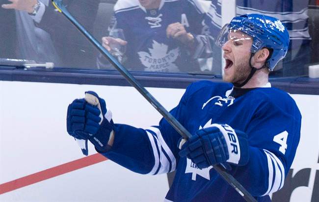 Toronto Maple Leafs defenceman Cody Franson reacts after scoring against the Boston Bruins during first period NHL hockey playoff action in Toronto on Wednesday, May 8, 2013. 