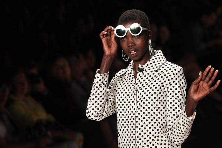 A model presents a creation by Desigual during the Mercedes-Benz Fashion Week Spring 2014 collections on September 5, 2013 in New York.