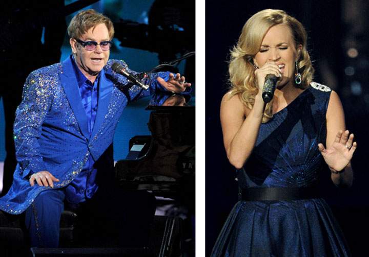 Elton John and Carrie Underwood perform on the Emmy show. (Getty Images)
