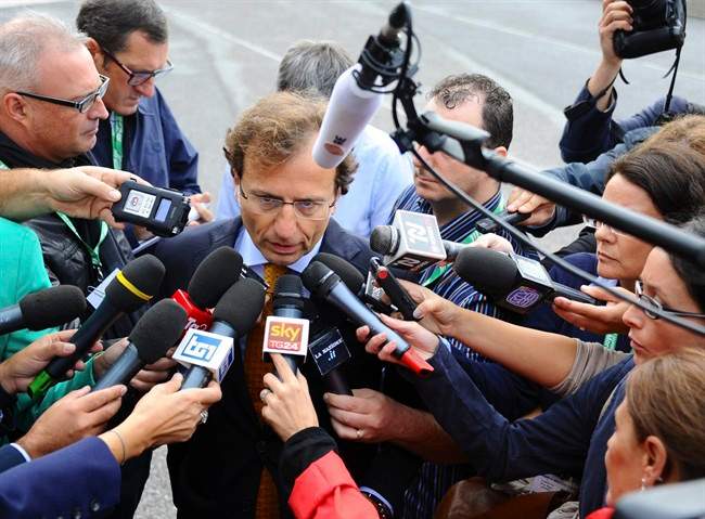 Kercher family lawyer Francesco Maresca talks to reporters as he arrives for the start of U.S. student Amanda Knox's second appeals trial in her British roommate's murder, in Florence, Italy, Monday, Sept. 30, 2013. 