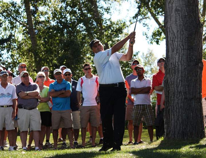 Rocco Mediate getting out from under the trees Sunday on the 15th hole at the Shaw Charity Classic at Calgary's Canyon Meadows Golf and Country Club.