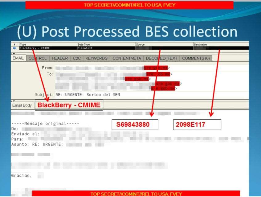 This image obtained by Der Spiegel comes from a presentation called “Your target isusing a BlackBerry? Now what?” It shows an email from a Mexican government agency which was sent using BlackBerry encryption technology — and intercepted by the NSA nonetheless. Courtesy/Der Spiegel Online