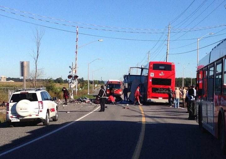 Police say  at least six people were killed and many more injured in the devastating crash of a Via Rail train and a double-decker city bus in Ottawa’s west end. (Photo credit: Darryl Praill, Twitter)