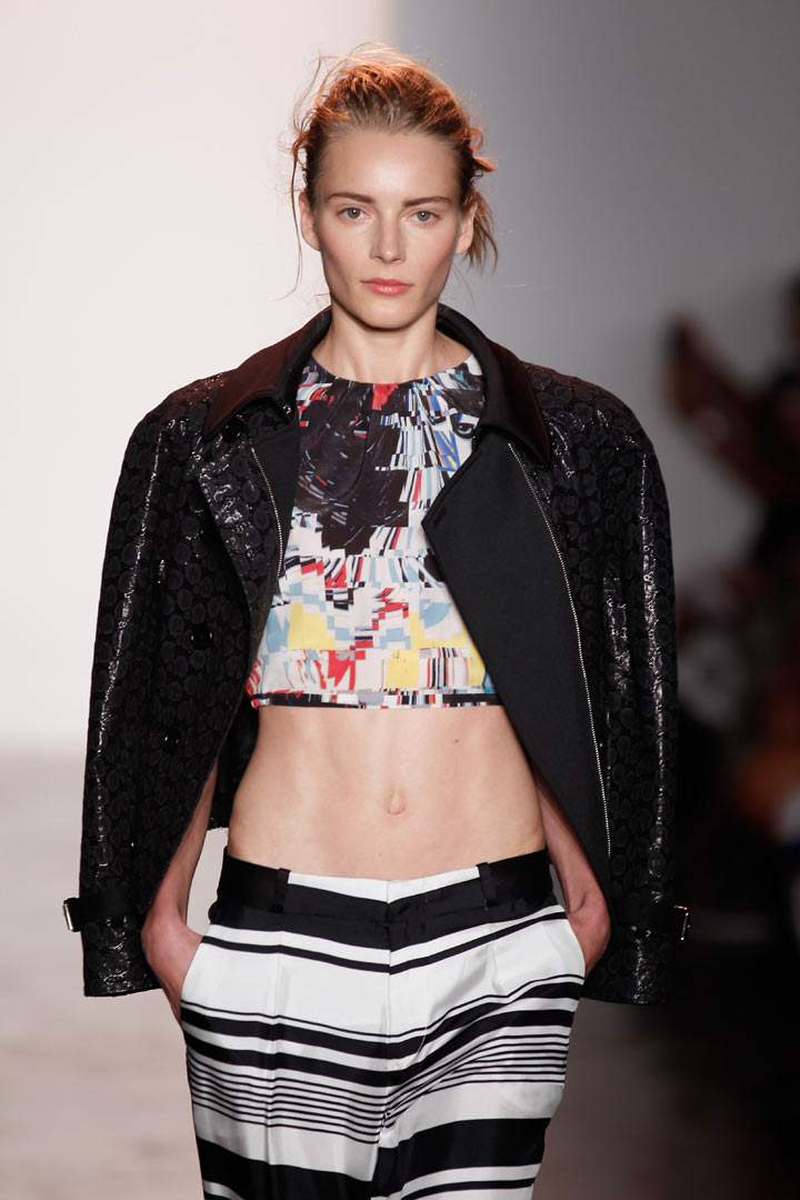 A model walks the runway at the Peter Som Spring 2014 fashion show during Mercedes-Benz Fashion Week at Milk Studios on September 6, 2013 in New York City.