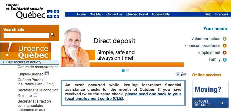 The Quebec government has issued a recall for thousands of duplicate cheques sent in error to welfare recipients in September 2013.