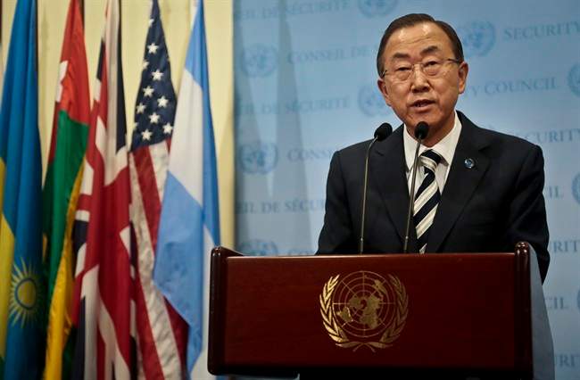 U.N. Secretary General Ban Ki-moon speaks during a press conference following a meeting Syria on Monday, Sept. 16, 2013.
