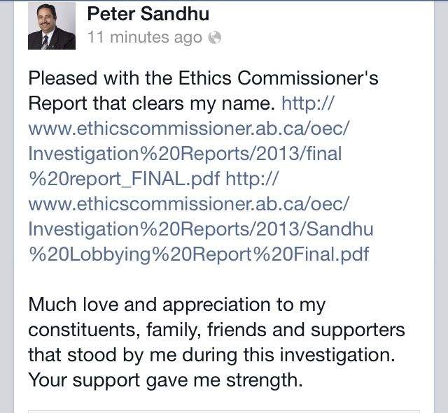 Alberta MLA Peter Sandhu comments on the Ethics Commissioner’s findings following two conflict of interest investigations. Comment posted on October 17, 2013
