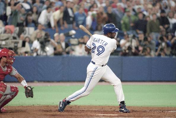 Joe Carter #29 of the Toronto Blue Jays bats against the Philadelphia Phillies during game 6 of the World Series on October 23, 1993 at the SkyDome in Toronto, Ontario.