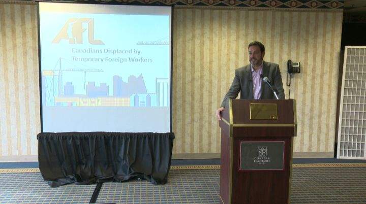 AFL President Gil McGowan addresses concerns over temporary foreign workers Thursday, October 10, 2013 in Edmonton.