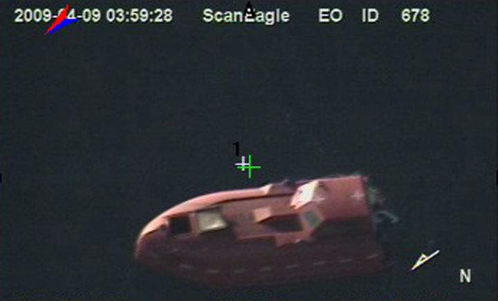 In a still frame from video released by the U.S. Navy taken by the Scan Eagle unmanned aerial vehicle, a 28-foot lifeboat from the U.S.-flagged container ship Maersk Alabama is seen Thursday, April 9, 2009 in the Indian Ocean. (Photo by U.S. Navy via Getty Images)