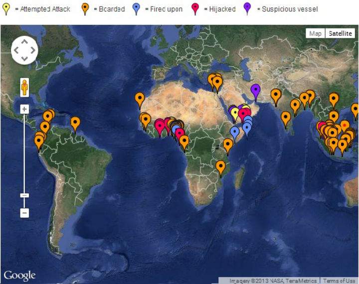 An example of the live piracy reporting map available in the International Maritime Bureau’s Piracy Reporting Center. (Image: GlobalNews.ca screen grab)