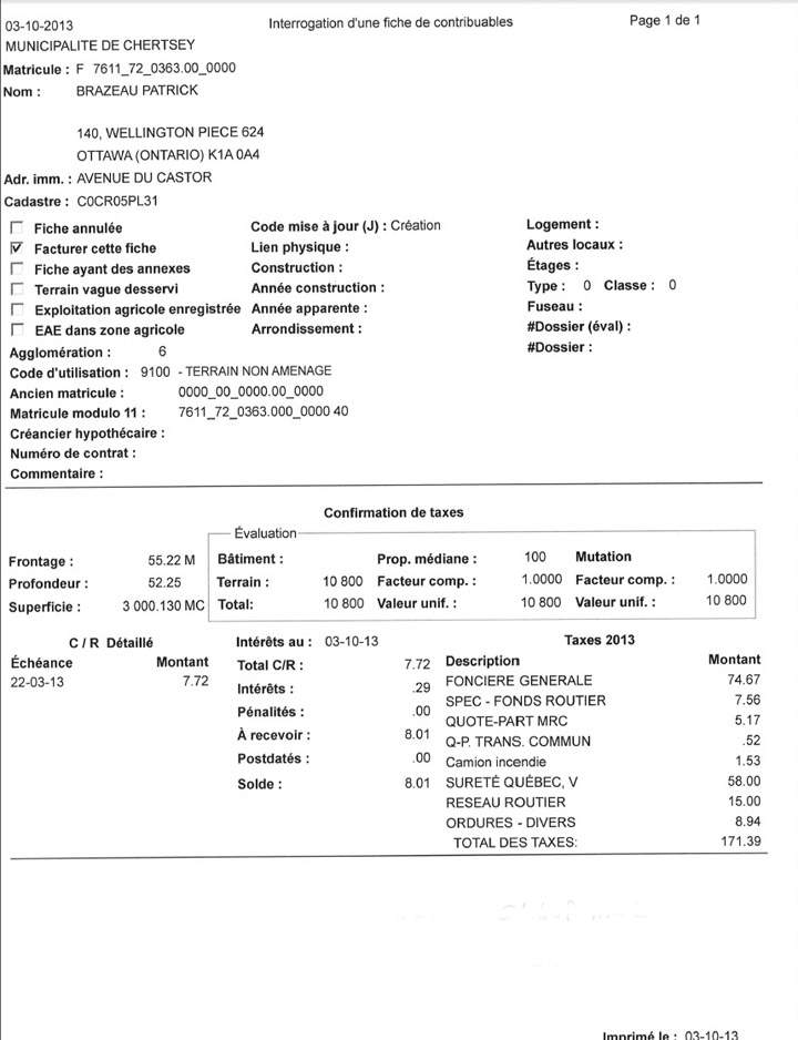 The land document shows Sen. Patrick Brazeau’s $10,800 vacant lot in Chertsey, Qc.