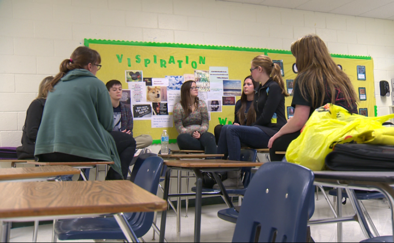 Stonewall Collegiate Institute have a group discussion at a “Friends Recognizing Everyone Equally” or FREE meeting.