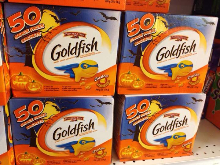 Boxes of Halloween treat-sized bags of Goldfish crackers at the grocery store. (Photo credit: Global News)