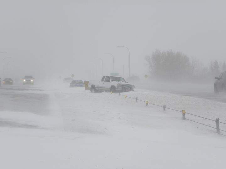 A truck leaves the road in a collision on Alberta's Highway 2.
