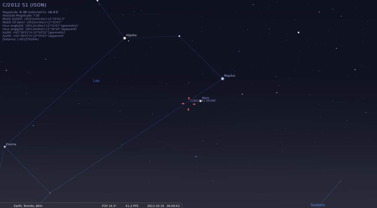 Comet ISON as it will appear in Toronto at 4:30 a.m. Oct. 19. (Stellarium)