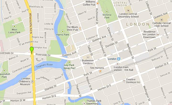 The blaze broke out around 3:30 a.m. at the 15-storey, 132-unit highrise building in London, Ontario (near Wharncliffe Rd. and Riverside Dr.) which is home to mostly low-income or disabled seniors. Location of the marker is approximate. 