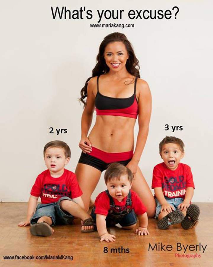 Maria Kang has three kids all under the age of three years old and a six-pack of abs, to boot. And in a photo flaunting her toned figure and young family, the mom and business woman asks others, “What’s your excuse?”