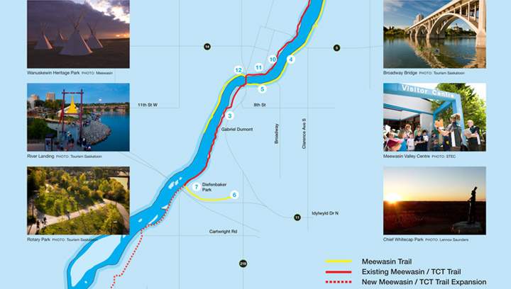 A map showing part of the planned expansion planned for Meewasin Trail in Saskatoon.