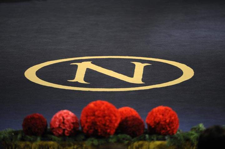 The logo of the Nobel Fundation is pictured at the concert hall during the 2008 Nobel award ceremony in Stockholm, on December 10, 2008.  