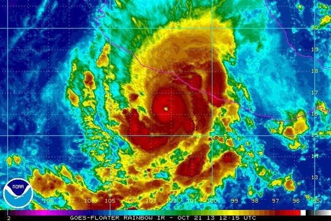 This Monday, Oct. 21, 2013 satellite image provided by the National Oceanic and Atmospheric Administration shows Hurricane Raymond in the Pacific Ocean off the coast of Mexico. Federal forecasters are expected to predict a slower than usual hurricane season this year. 