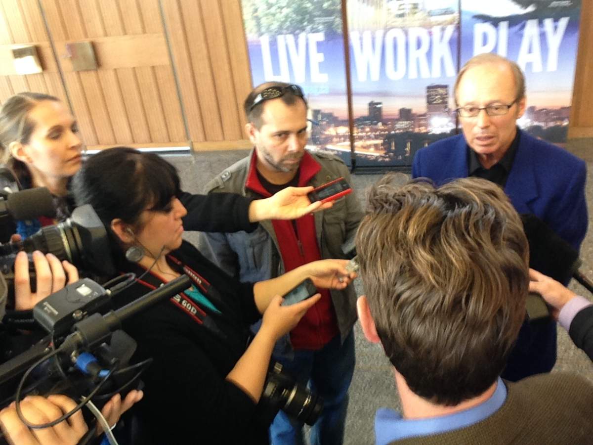 Winnipeg mayor Sam Katz speaks to reporters at City Hall on Thursday October 17, 2013