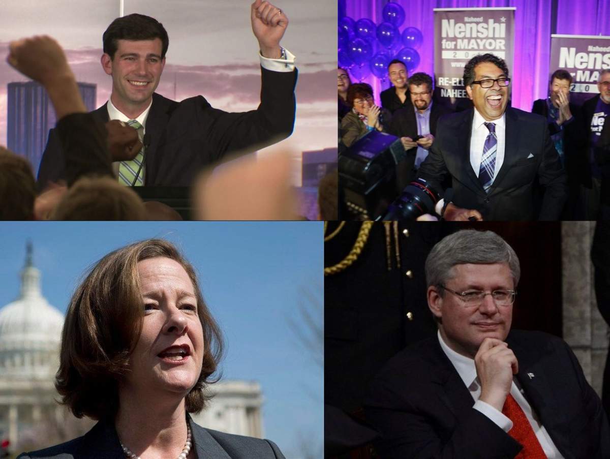 "Progressives" vs. Conservatics (From top clockwise): Don Iveson, Naheen Nenshi, Alison Redford, Stephen Harper.