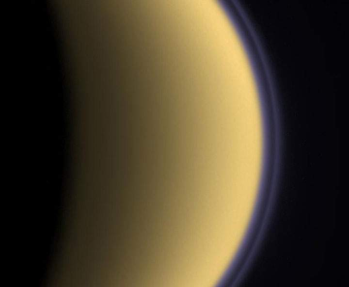 Purple haze surrounds Saturn’s largest moon, Titan. (NASA/JPL/Space Science Institute)