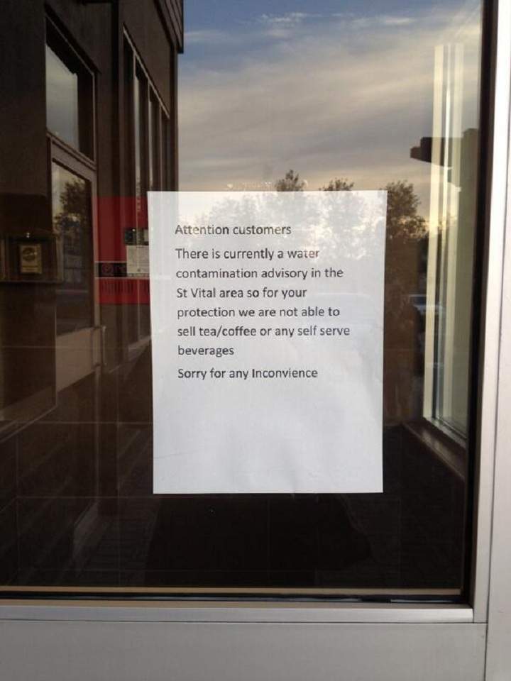 A notice at a St. Vital McDonalds advises customers that some beverages aren’t available because of the boil water advisory.