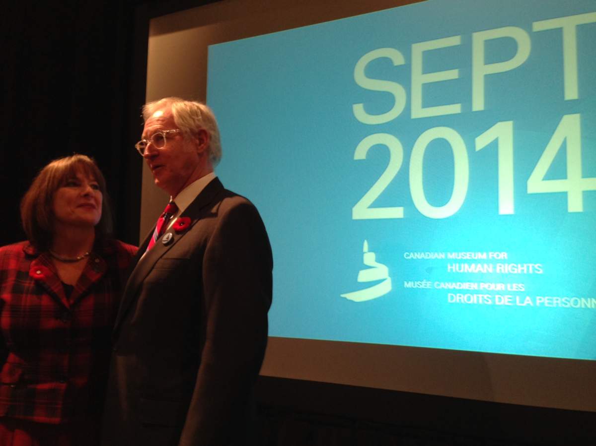 Gail Asper and Stuart Murraypose for media at the CMHR announcement