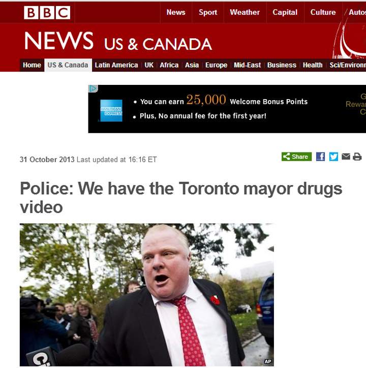 Rob Ford drug scandal makes headlines on the BBC on October 31, 2013. (Screengrab)
