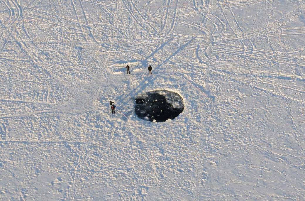 Impact site of the main mass of the Chelyabinsk meteorite in the ice of Lake Chebarkul.