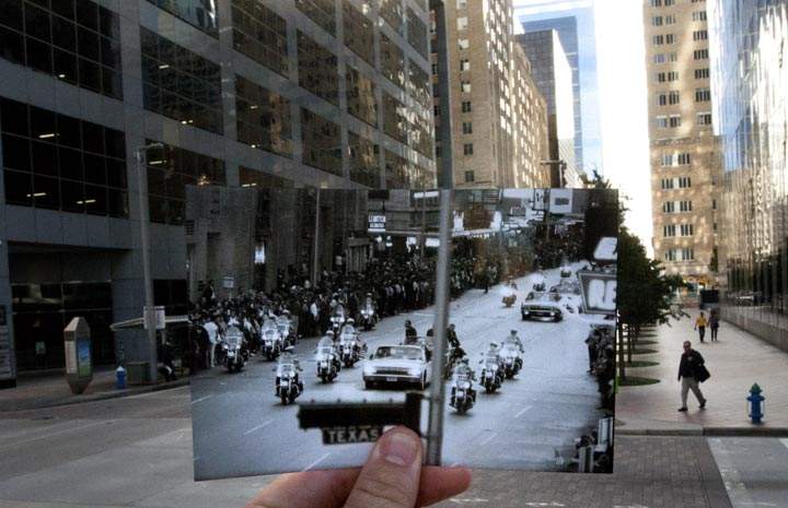 This Nov. 7, 2013 photo shows an image taken on Nov. 21, 1963, of people lining Travis Street near Texas Avenue to see President John F. Kennedy’s motorcade during a visit to the city, juxtaposed against the current scene in Houston. Kennedy was assassinated the following day. (AP Photo/Houston Chronicle, Cody Duty)