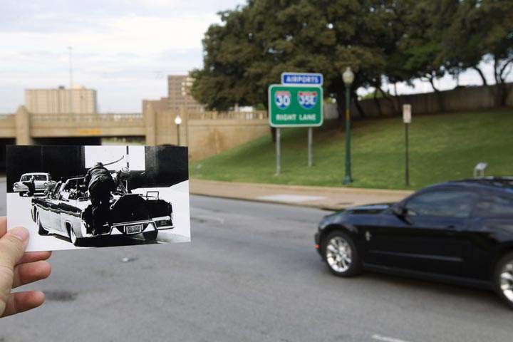 This Sept. 10, 2013 photo shows an Associated Press image taken Nov. 22, 1963, of Jackie Kennedy and Secret Service agent Clint Hill climbing on the back of the limousine after U.S. President John F. Kennedy was shot, juxtaposed with the current scene in Dallas. (AP Photo/Houston Chronicle, Cody Duty)