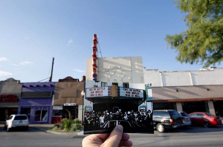 This Sept. 10, 2013 photo shows an image taken by Stuart Reed on Nov. 22, 1963, of Lee Harvey Oswald’s arrest, juxtaposed against the modern day Texas Theatre, in Dallas. (AP Photo/Houston Chronicle, Cody Duty)