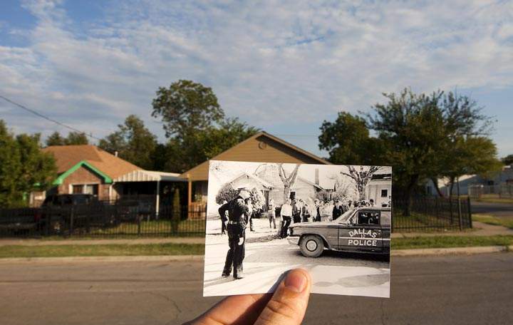 This Sept. 10, 2013 photo shows an image taken by Darryl Heikes of the Dallas Times Herald on Nov. 22, 2013, of the scene where Lee Harvey Oswald shot Dallas Police Officer J.D. Tippit, juxtaposed against the current scene in Dallas. The decorated, 11-year veteran police officer was, according to two federal government investigations, shot and killed by Oswald. (AP Photo/Houston Chronicle, Cody Duty)